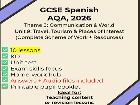 GCSE Spanish: Unit 9 Travel & Tourism -10 lessons +full SOW / extras (New Spec AQA, 2026)