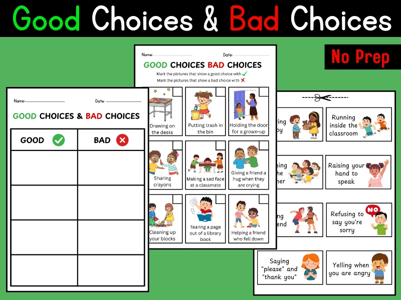 Good Choices & Bad Choices Worksheet No Prep