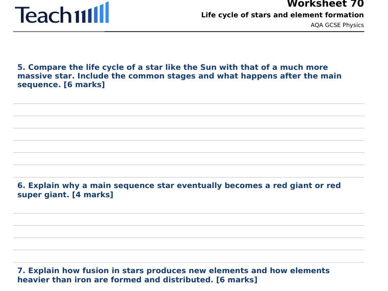 AQA GCSE Physics Space Physics Worksheets & Answers