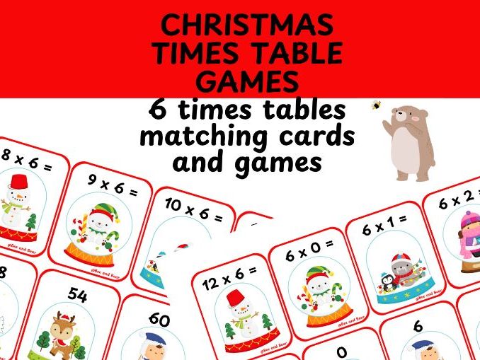 Six times tables card games Christmas themed