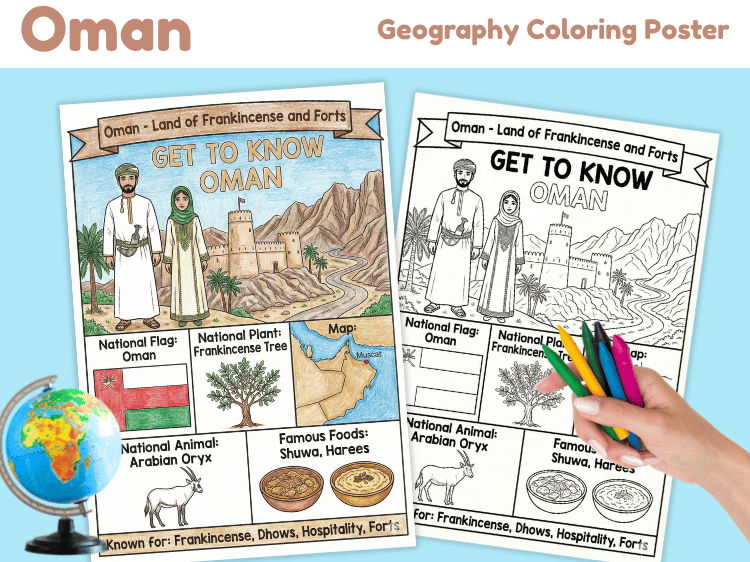 Oman Geography Coloring Poster | Country Facts & Culture Activity