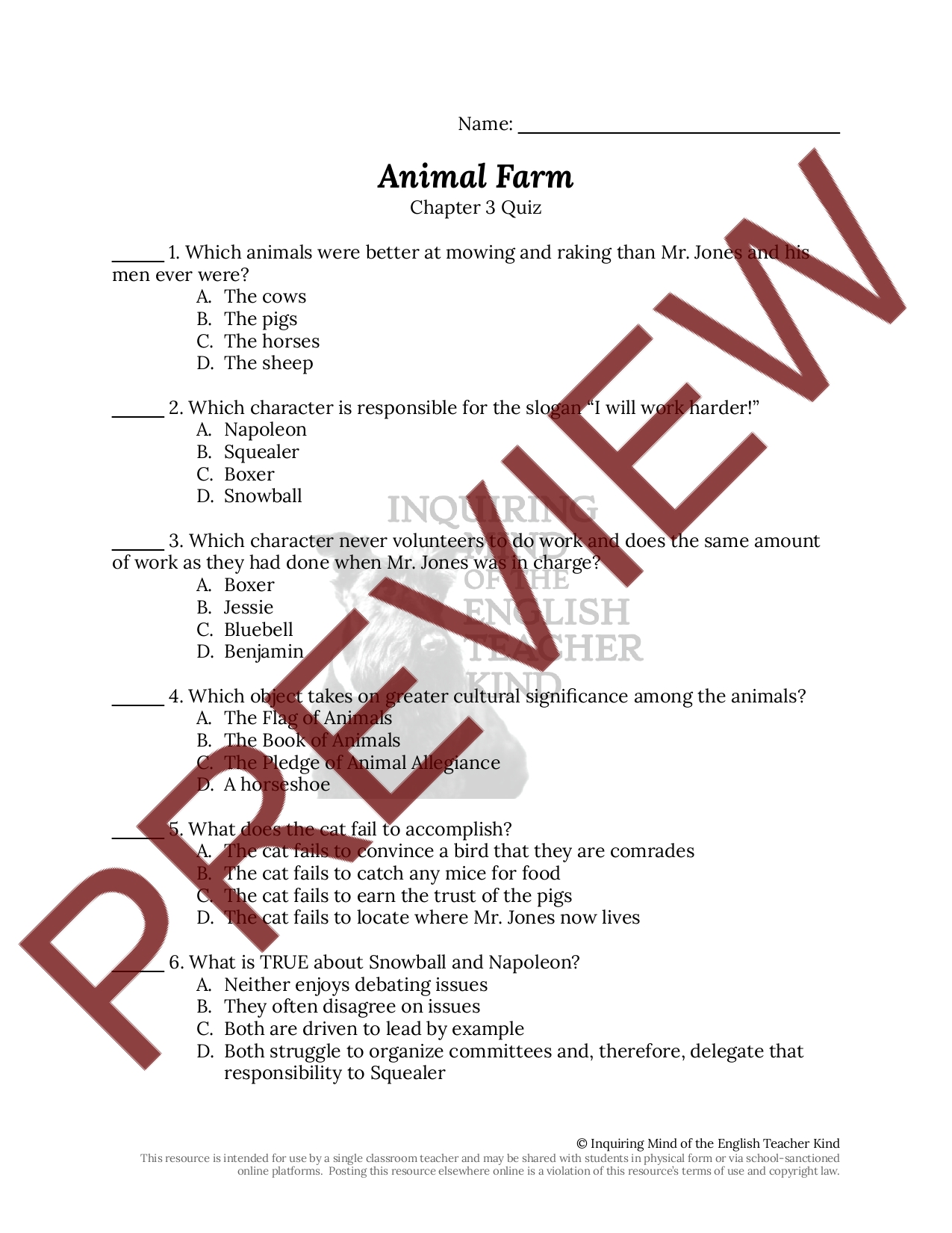 Animal Farm Chapter 3 Quiz and Answer Key Teaching Resources