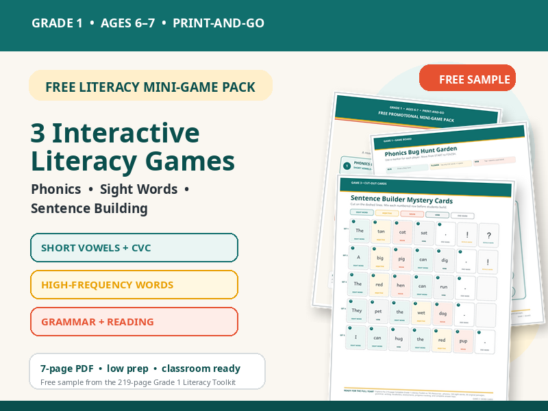 FREE Grade 1 Literacy Mini-Game Pack | Phonics, Sight Words & Sentence Building