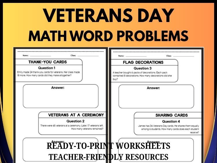 Veterans Day Math Word Problems | 40 Real-World Math Problems | Grades 2–8