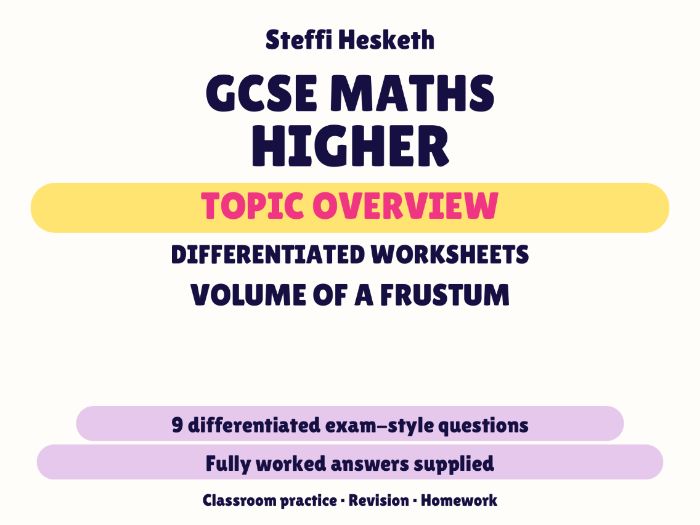 GCSE Higher Volume of a Frustum | Topic Overview Differentiated Worksheet