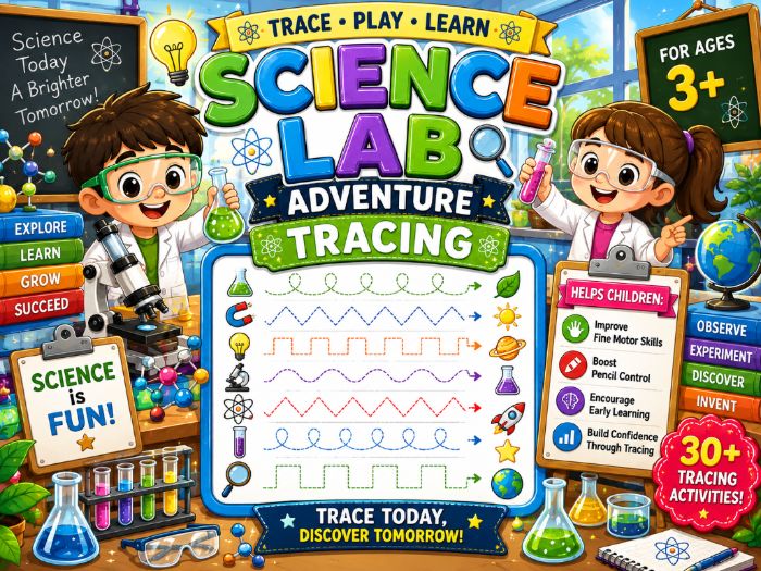 Science Lab Tracing Worksheets | STEM Fine Motor & Pencil Control | Preschool–1st Grade