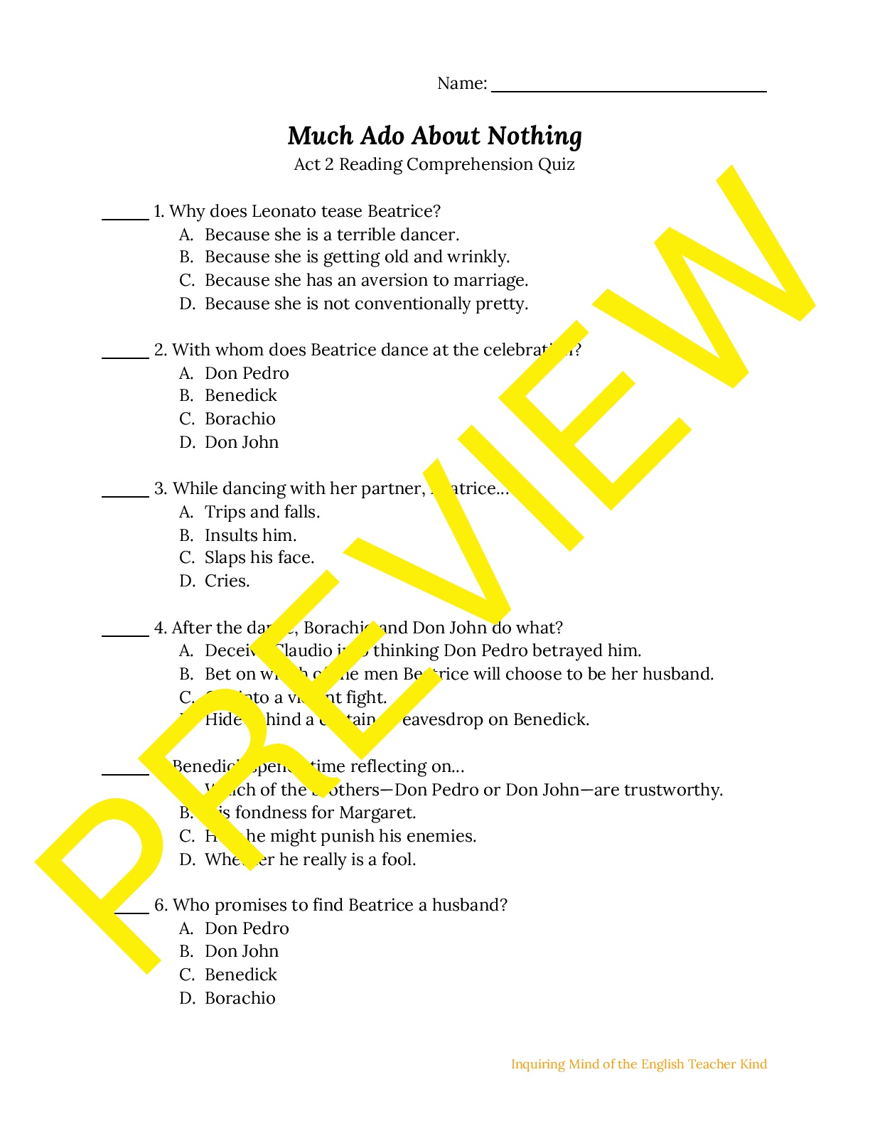 Much Ado About Nothing Quiz Key Act 2 Teaching Resources much-ado-about-nothing-quiz-key-act-2-teaching-resources
