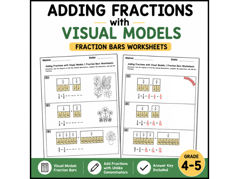 Adding Fractions with Visual Models | Fraction Bars Worksheets