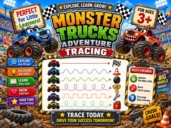 Monster Truck Tracing Worksheets | Fine Motor & Pencil Control Activities | Preschool–Grade 1
