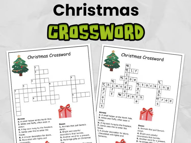 Christmas Crossword | Printable Worksheet Christmas Activity for Elementary