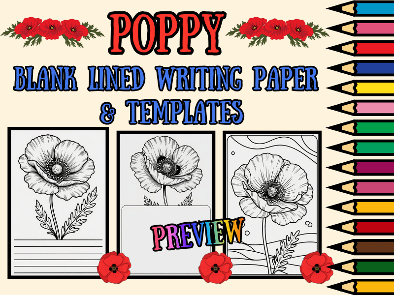 Poppy Lined Writing Paper Templates NO PREP + Coloring Pages | Flower Writing