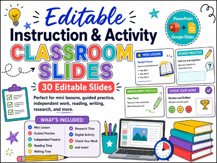 Instruction & Activity Classroom Slides | 30 editable templates