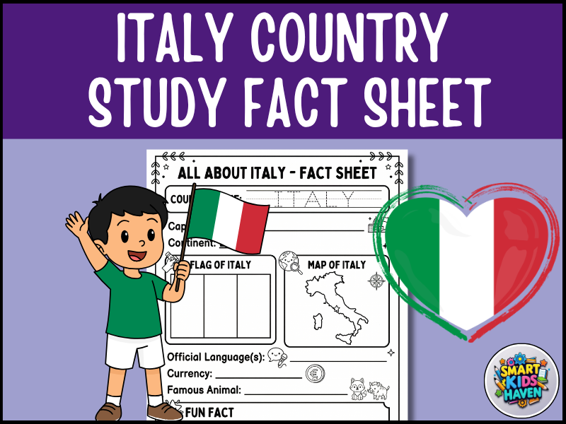 Italy Map and Flag Country Study Research Project Worksheet Geography Activity.
