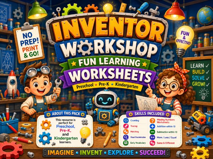 Inventor Workshop Worksheets for Preschool & Kindergarten | Counting, Tracing & Math Activities