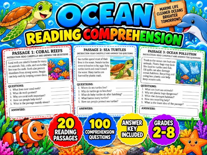 Ocean Day Reading Comprehension Passages | 20 Worksheets with Answer Key