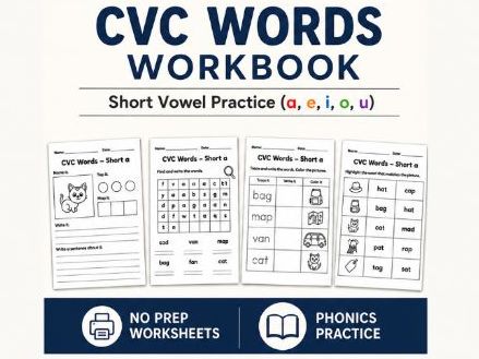 CVC Words Worksheets | Phonics Workbook Short Vowels (a, e, i, o, u)