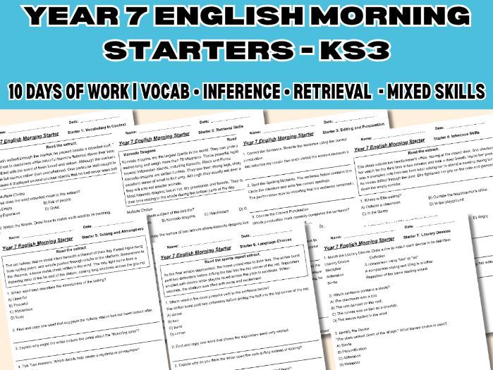 Year 7 English Skills Morning Starters | Vocabulary, Inference, Editing & More | Answers included