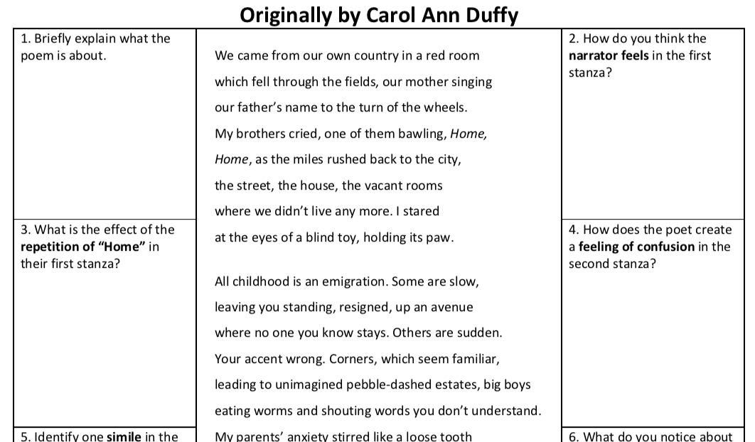 Unseen Poetry analysis worksheet - Originally by Carol Ann Duffy ...