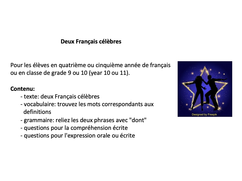 French reading (year 10 or 11 - grade 9 or 10): deux célébrités françaises