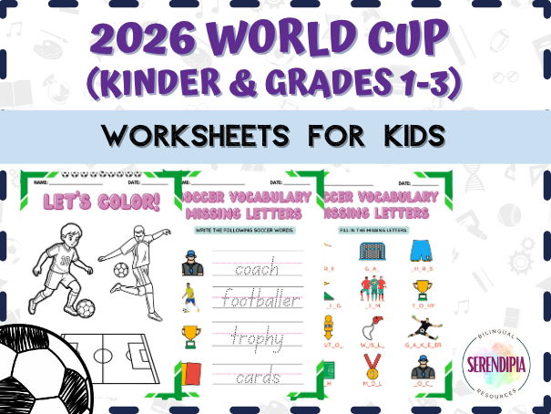 2026 Football World Cup No-Prep Printables for Kids | Ages 5-8 | Word Search, Coloring, Tracing