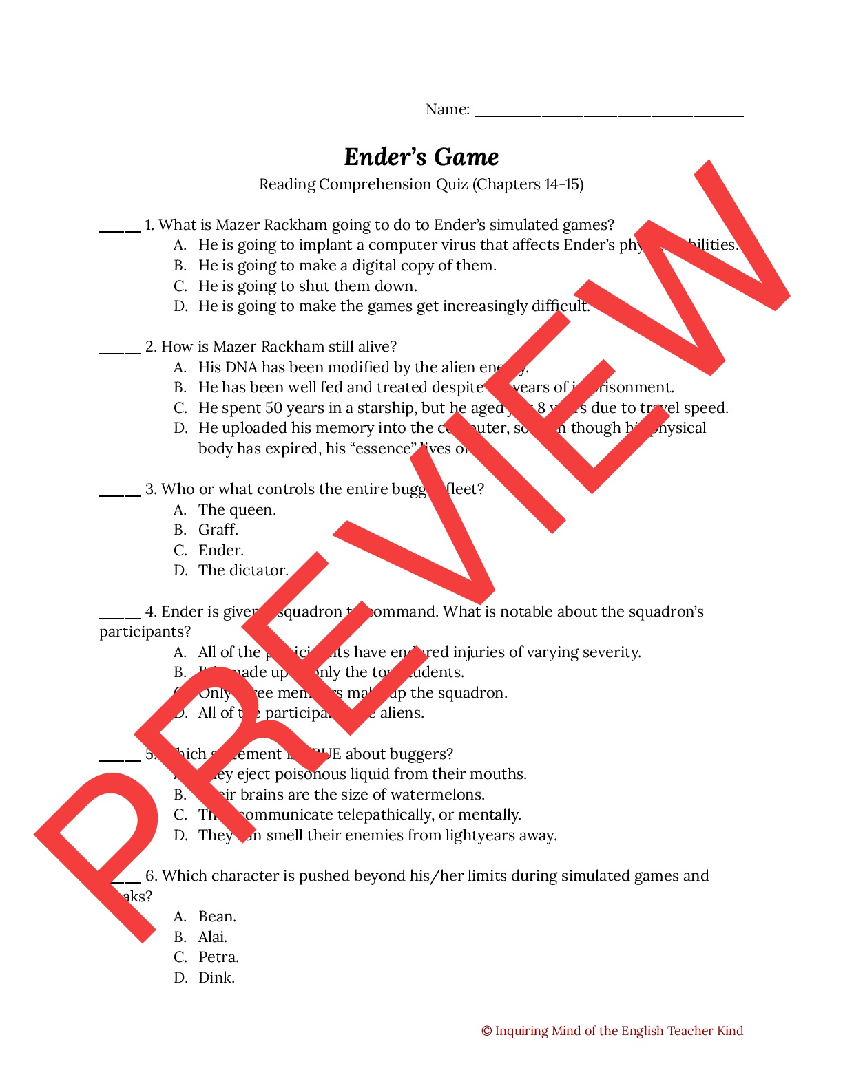 Ender's Game Quiz on Chapters 14-15 | Teaching Resources