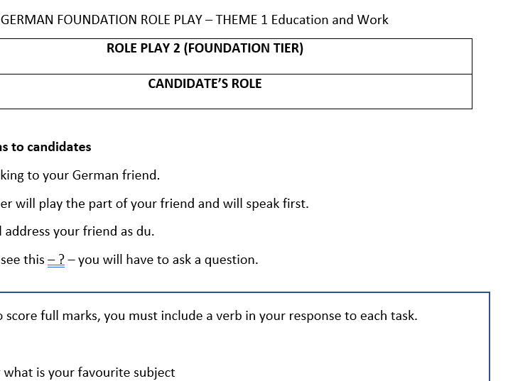 AQA German GCSE Role Play 2026  School
