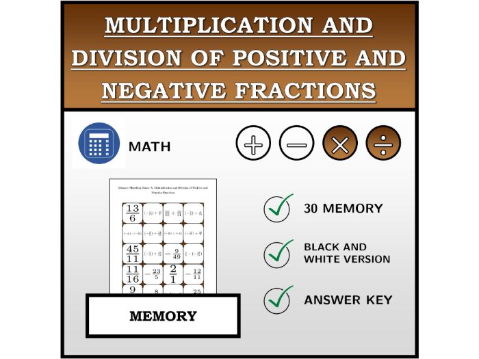Memory Matching Game | Multiplication and Division of Positive and Negative Fractions | Math Activit