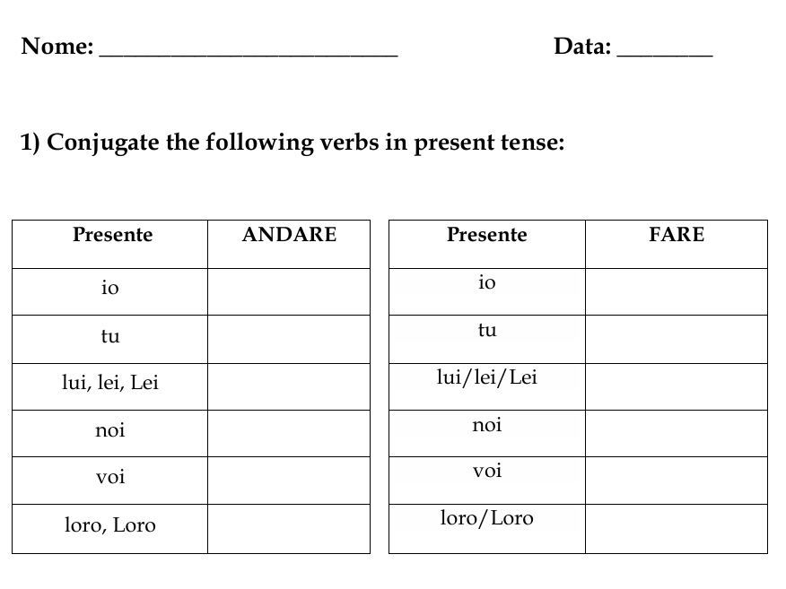 Italian Present Tense ANDARE, FARE, DIRE, POTERE Worksheets
