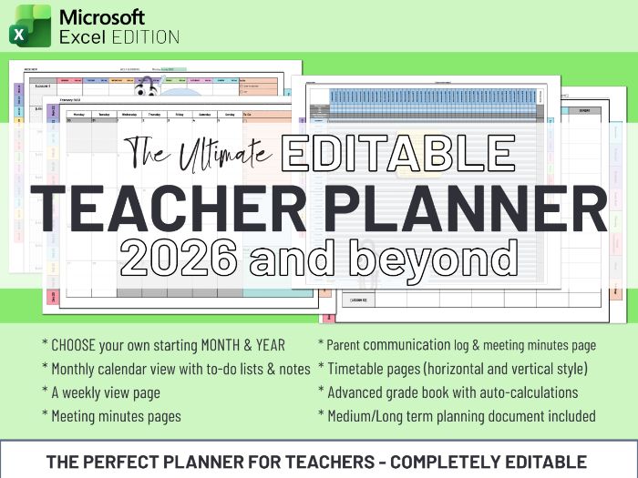Ultimate Editable Teacher Planner | Microsoft Excel | 2026 & Beyond