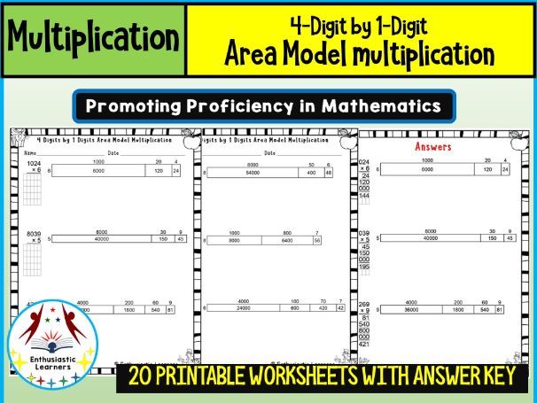 4-Digit by 1-Digit Lattice Area Model Multiplication Method Worksheets Math Problems
