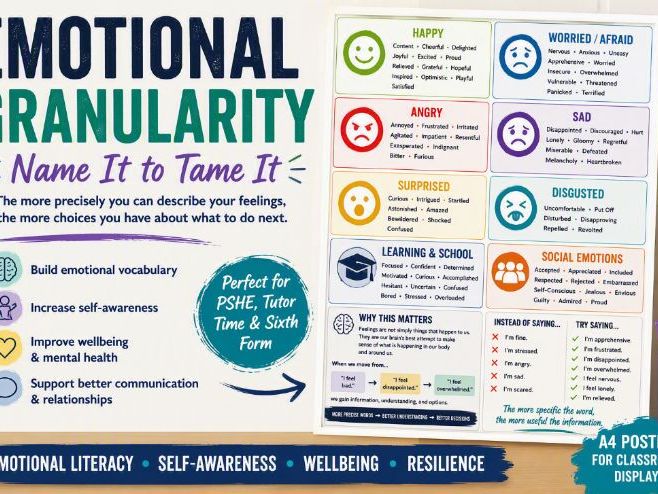 Name It to Tame It: Emotional Granularity Classroom Poster for Sixth Form & Secondary