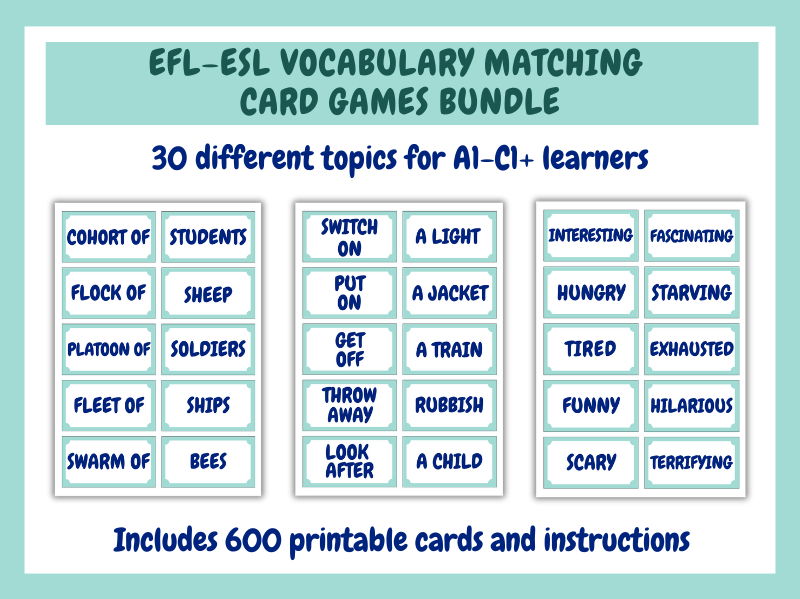 EFL-ESL Vocabulary Matching Card Games Bundle (A1–C1+ levels)