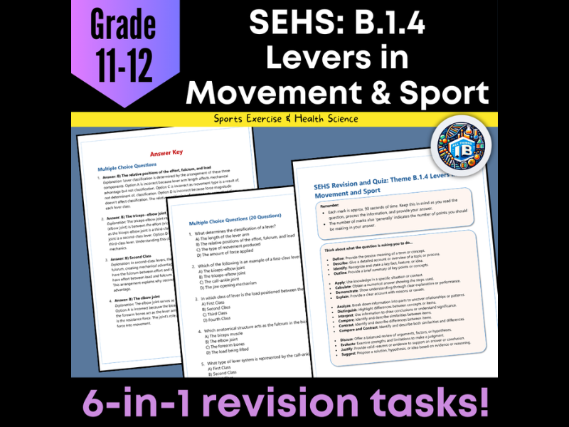 IB DP Sports Science (SEHS): B1.4 Levers in Sport – Quiz & Revision Worksheets 2026