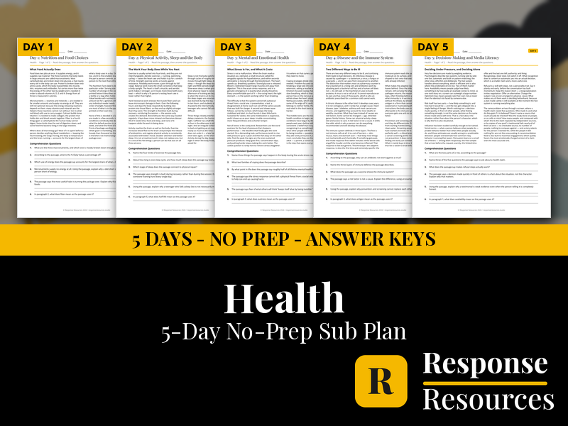 Health Emergency Sub Plans - 5 Days No Prep Print and Go Reading Worksheets