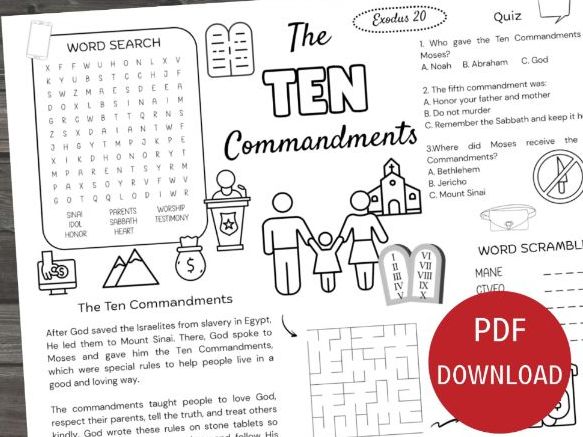 Ten Commandments Activity Placemat, Bible Worksheet