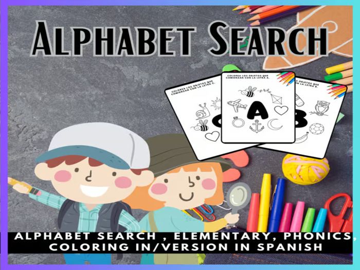 Alphabet Search, Blends & Digraph Beginning Sound Picture Search Coloring Pages Version in Spanish