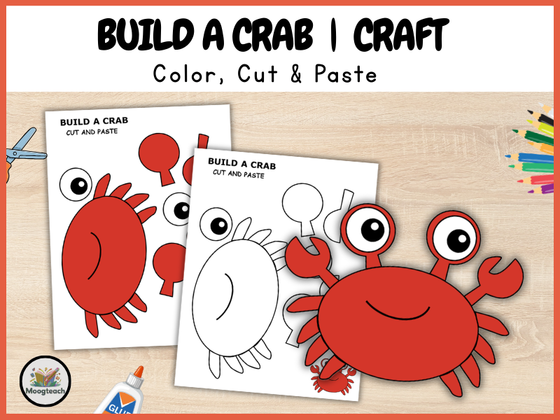 Crab Craft for Kids | Ocean Animal Cut and Paste Activity | Summer Beach Printable Worksheet PDF