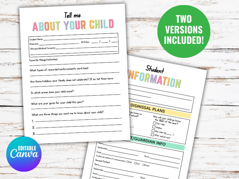 Editable Student Information Sheet for Parents Fill Out  All About My Child Back to School