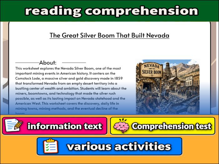 The Great Silver Boom That Built Nevada - reading comprehension & Activities