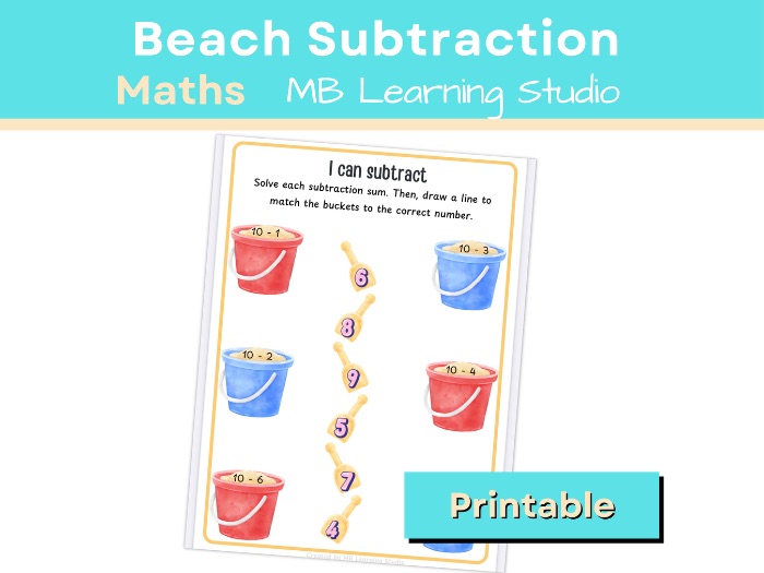 Summer Beach Subtraction Worksheet – Maths Activity for EYFS, KS1, Pre-K to 1st Grade