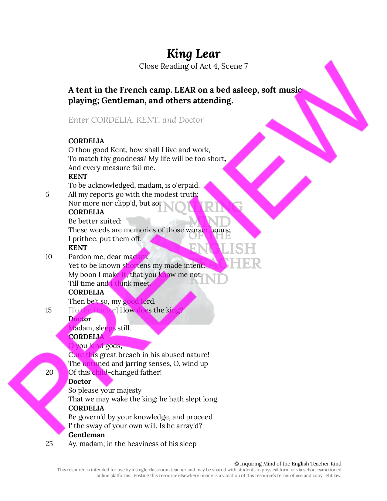 King Lear Act 4 Scene 7 Close Reading Worksheet Teaching Resources