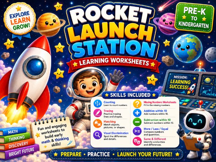 Rocket Launch Station Worksheets | Space Math & Early Learning Activities | Pre-K–Kindergarten