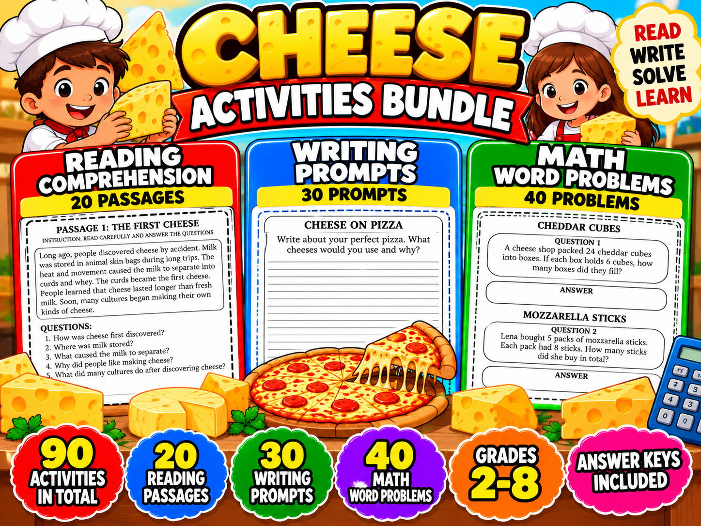 Cheese Activities Bundle | Reading Comprehension, Writing Prompts and Math Worksheets