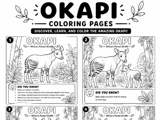 Okapi Coloring Pages for Kids | Rare African Animal Activity Pack | Educational (K-grade3)