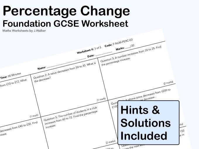 GCSE Maths Worksheet:  Percentage Change - Foundation Tier