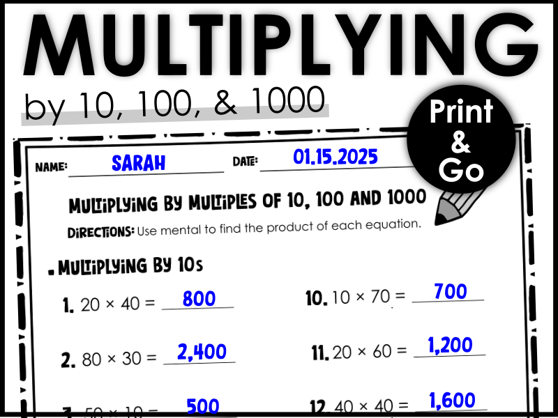Multiplying by 10 100 1000 Worksheets