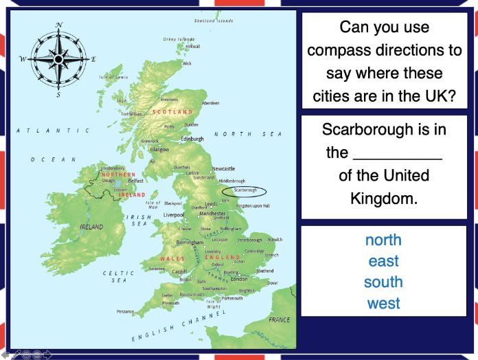 Locating UK cities using compass directions - KS1/KS2