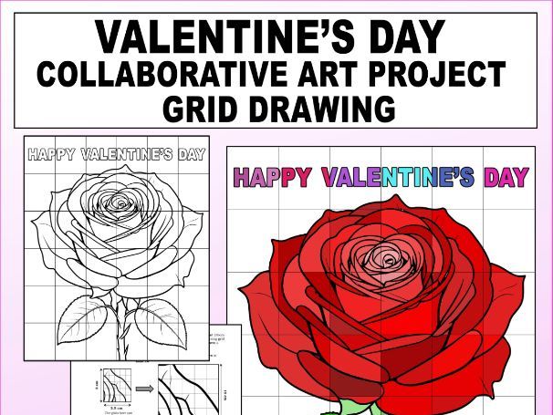 Valentine's Rose Grid Drawing Collaborative Poster. Art-Math Project. Grade 3-12