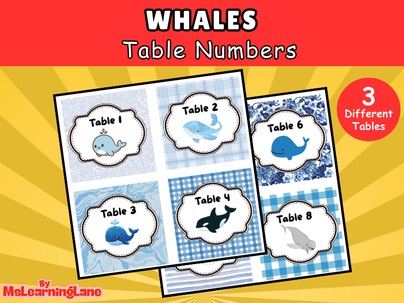 Whales Table Numbers | Ocean-Themed Printable Classroom Decor for Group Organisation