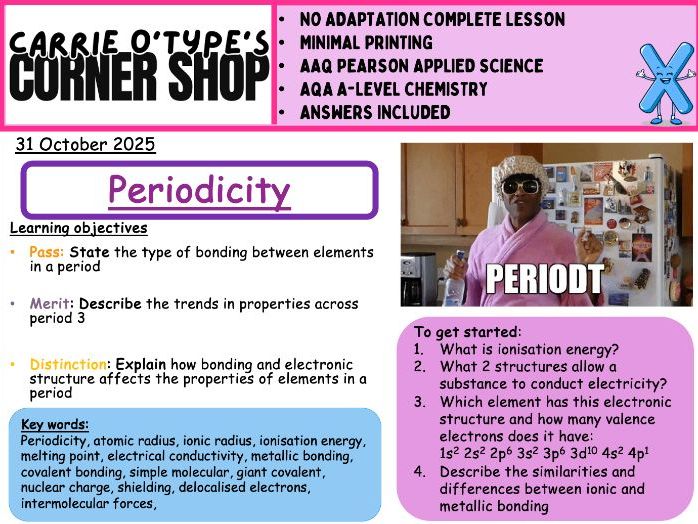 Period 3 Properties / Periodicity - AAQ Pearson Applied Science & AQA A-Level Chemistry